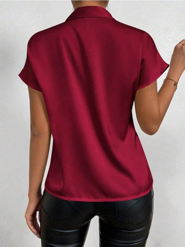 Women Summer Minimalist Shirt Elegant Women's Satin Pink Short Sleeved Lace-up Bow Neck Casual Fitting Office Shirt