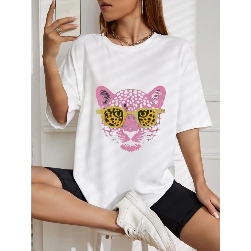 Vintage Oversized T-Shirt with Pink Leopard Head & Leopard-Print Sunglasses Print – Edgy Color-Block Graphic Top