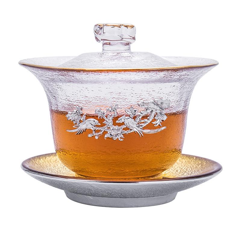

Thick Heat-Resistant Pure Tin Gold Foil Plum Coloured Glaze Three-force Tureen Transparent Glass Tea Gaiwan Gift for Boyfriend