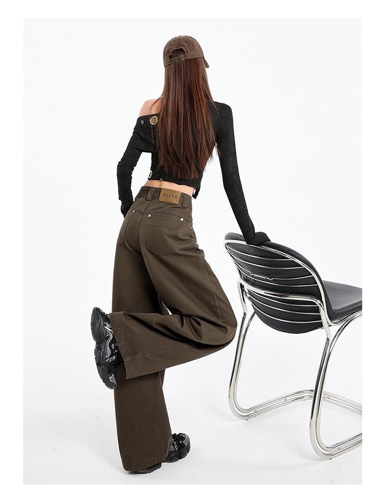 Women's Coffee Wide-Leg Jeans: Curved Cut, 2025 Fall/Winter, Loose, Slimming, Versatile, Floor-Length.