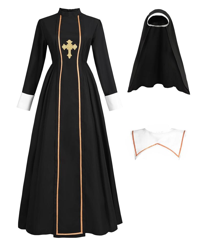 New Nun Cosplay Costume Halloween Role Play Gothic Sister Dress Set for Women Party