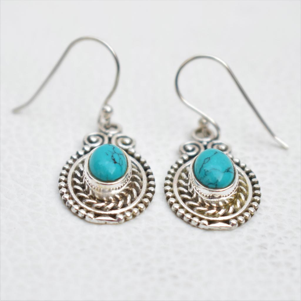 Natural Turquoise Earrings, Bohemian Earrings, 925 Sterling Silver Earrings, Oval Turquoise Earrings, Gift for Sister, Birthday Earrings