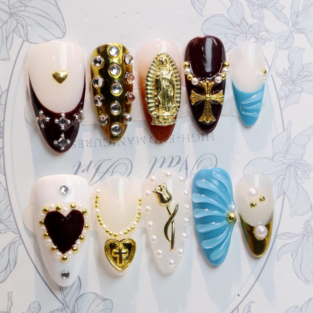 10Pcs 3D Beautiful Handmade Manicure Press On Nails, Acrylic Fake Handpainted Flowers Custom Design Adhesive Nail File Set