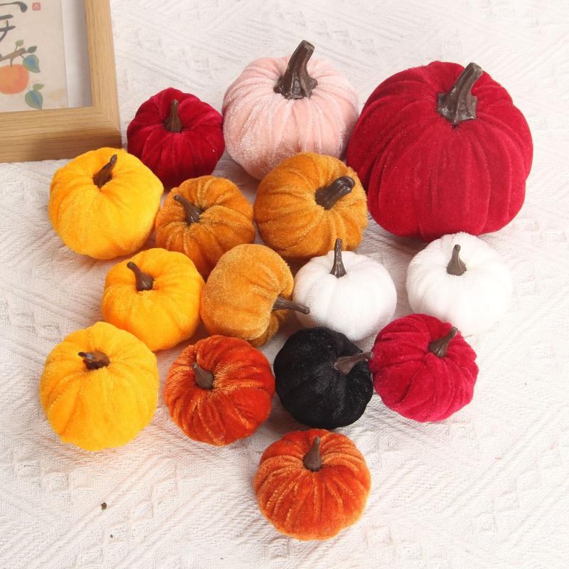 10Pcs Velvet Artificial Pumpkin Decor Desktop Pumpkin Ornament Autumn Fall Thanksgiving Harvest Festival Halloween Decoration