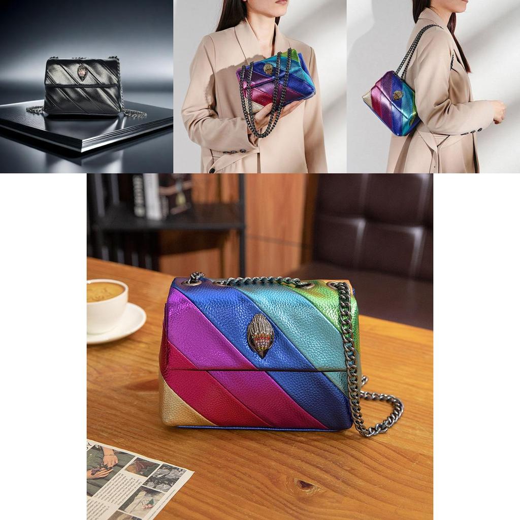 Elegante Bolso de Hombro Patchwork Arcoíris Colorido con Correa de Cadena para Mujer