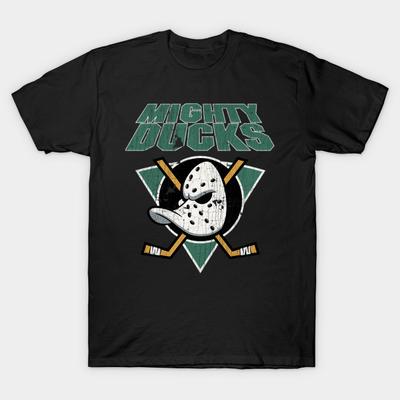 Asian Size Men Black Print T-shirt Mighty Ducks Vintage No-Cut Heat Transfer Print Cotton Tshirt