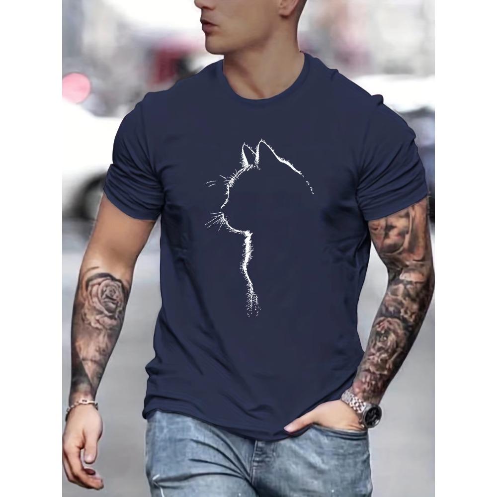 Tricou de vară lejer supradimensionat casual confortabil pentru bărbați, din bumbac 100% pur, cu imprimeu cu model de pisică, sport, cu gât rotund și mâneci scurte