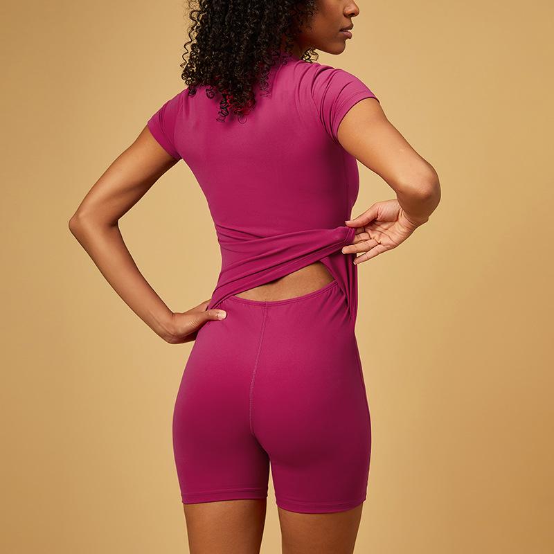 European-American Zipper Nude Feeling Short Sleeve Yoga Bodycon Jumpsuit