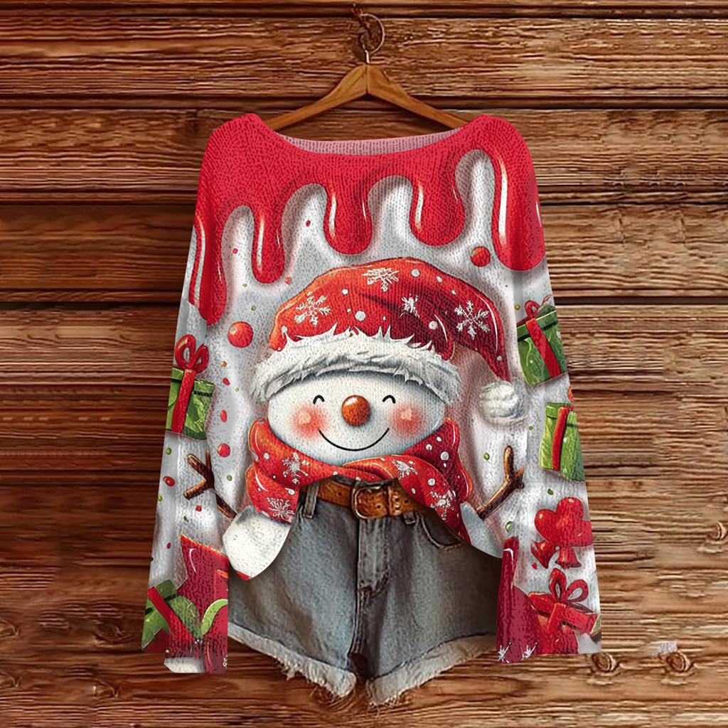 Women's Fashion Round Neck Long Sleeve Christmas Print Casual Knit Pullover Top