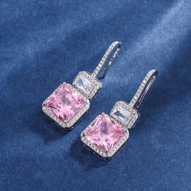 Simulation Pink Diamond Pendant, Stud Earrings, Necklace, Women'S Colorful Treasure Set, Main Stone 10 * 10