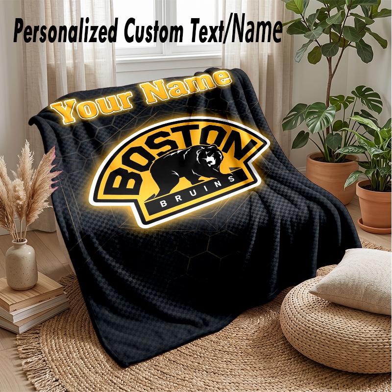 Boston Bruins Custom Flannel Throw Blanket Print Your Name Text Soft Warm Blanket Holiday Present