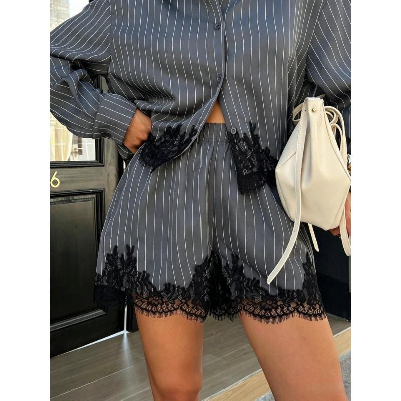 Women Lace Splicing Striped Long Sleeve Shirt And Drawstring Shorts Two Piece Set