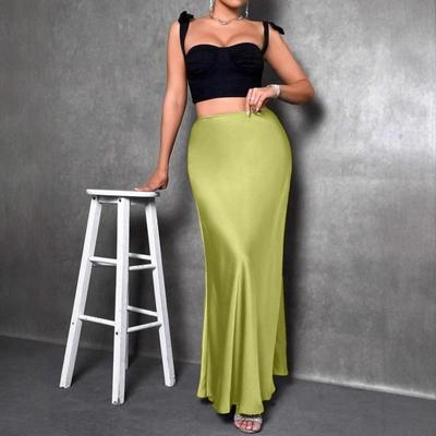 Women Fishtail Skirt High Waist Solid Color Smooth Surface A-Line Maxi Skirt