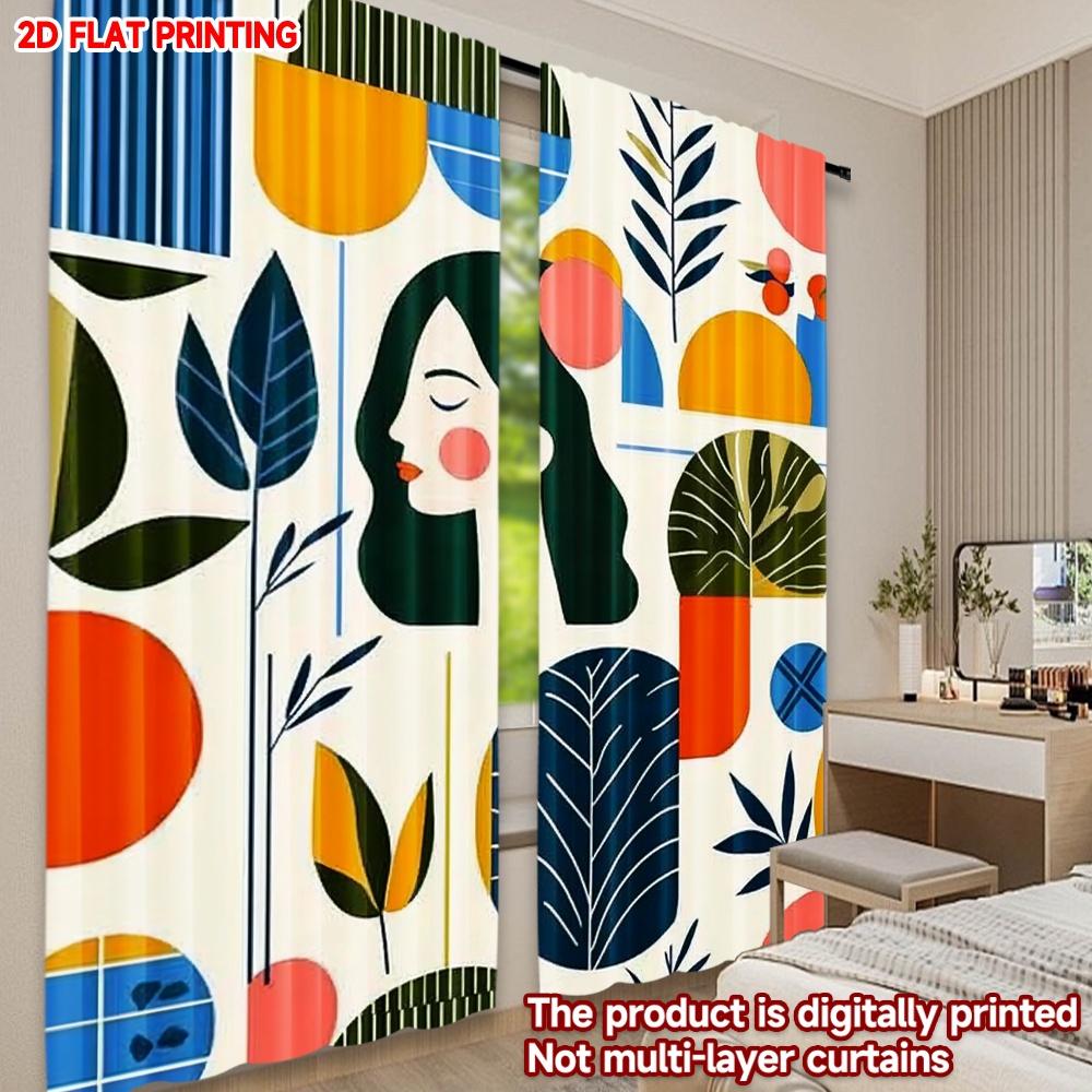 2D Flat Printing 2pcs Curtain Woman and Leaves Digital Printed Polyester Drapes Party Decorations Use for Holiday Party General