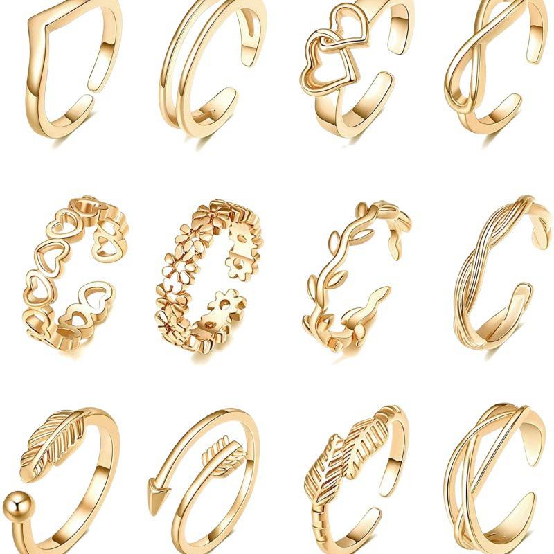 12-Piece Vintage Adjustable Beach Toe and Pinky Rings with Hollow Heart Designs