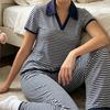 Spring Autumn Women's Striped Button-down Fashion Knitted Loose Short-sleeved Top and Casual Long Pants Set