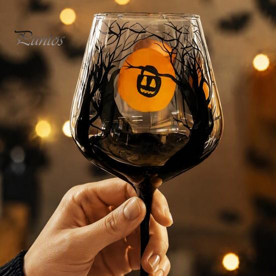 Set di Bicchieri da Vino a Tema Halloween con Gambo, Calice Artistico Dipinto a Mano, Bicchiere da 720 ml, Vetro Decorativo Stagionale