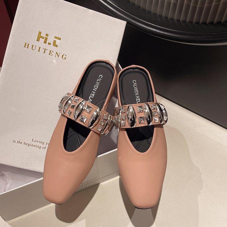 

Темпераментные женские тапочки новая металлическая пряжка изысканные универсальные однопедальные на плоской подошве с сумкой на мыске квадратный мысок тапочки женские 40 шампанского