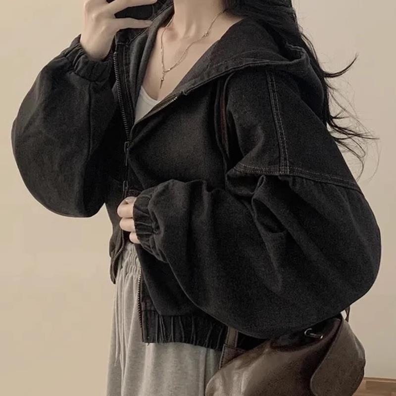 Denimjacken Damen Mit Kapuze Frühling Herbst Einfarbig Koreanisch Vintage Locker Reißverschluss Oberteile Freizeit Langärmelig Mit Kapuze Kurz Jeansjacke
