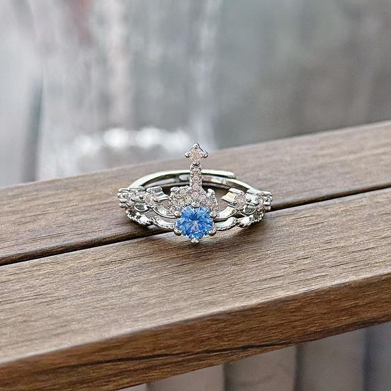 New Niche Light Luxury High Sense Sea Blue Zircon Super Fairy Open Ring Simple Fashion Jewelry Women