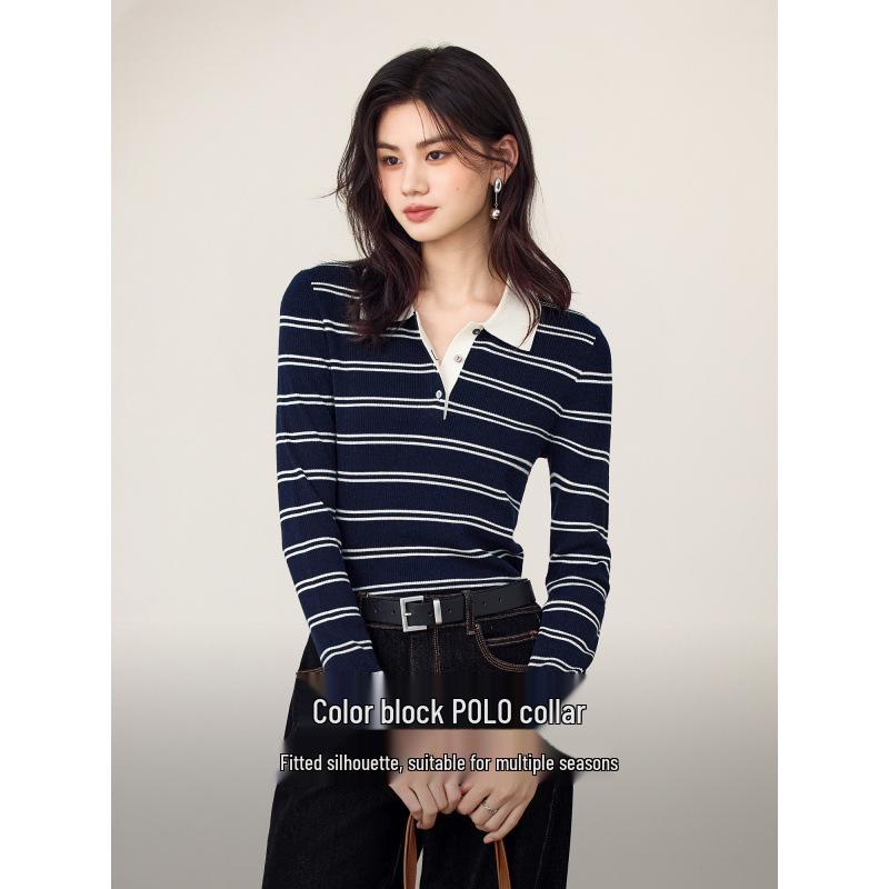 Jiang Xin's Spring 2026 Striped Wool Polo Knitwear with Contrasting Colors