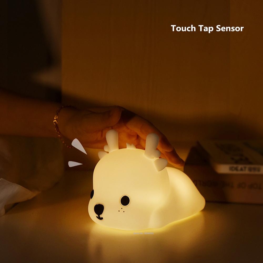 Cartoon Deer LED Night Light Touch Sensor Colorful USB Rechargeable Timer Bedroom Silicone Sleeping Lamp