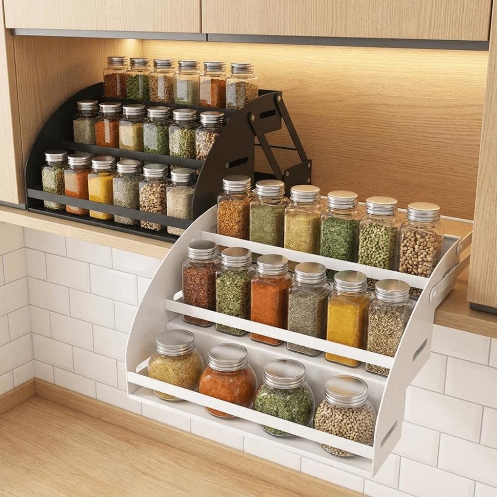 Anti Deformation 3-Tier Pull Down Spice Rack Retractable High Lift Pull Down Shelf for Top Cabinet