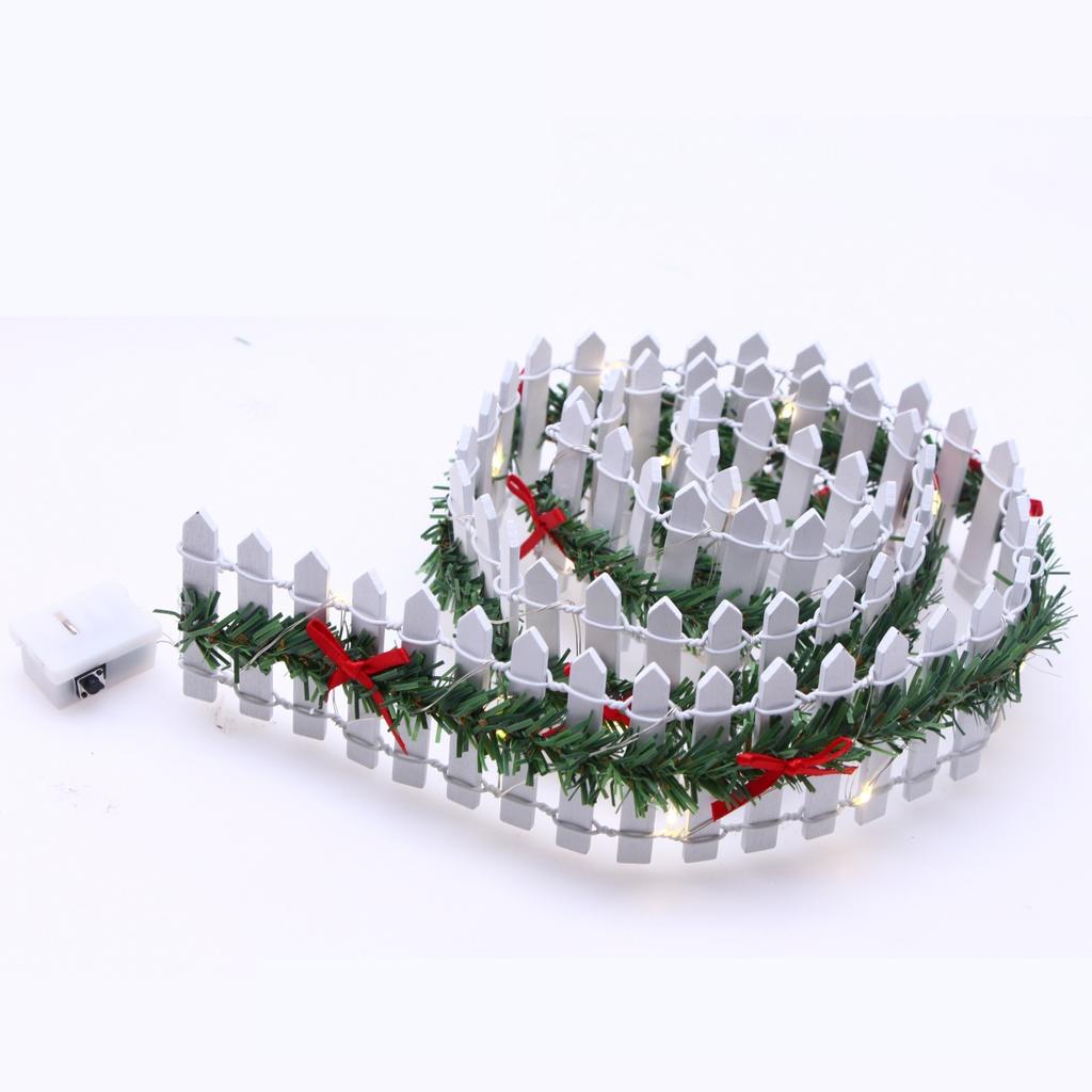 MicoLandscape Christmas Elf Fairy Garden Miniature Wooden Fence Handmade LED Light String Vine Landscape Greenery Evergreen Prop
