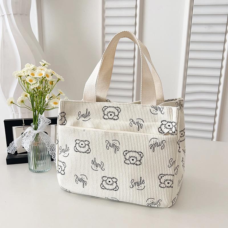 Cartoon Cute Bear Handbag Small Portable Lunch Bag for Work New Corduroy Outing Mummy