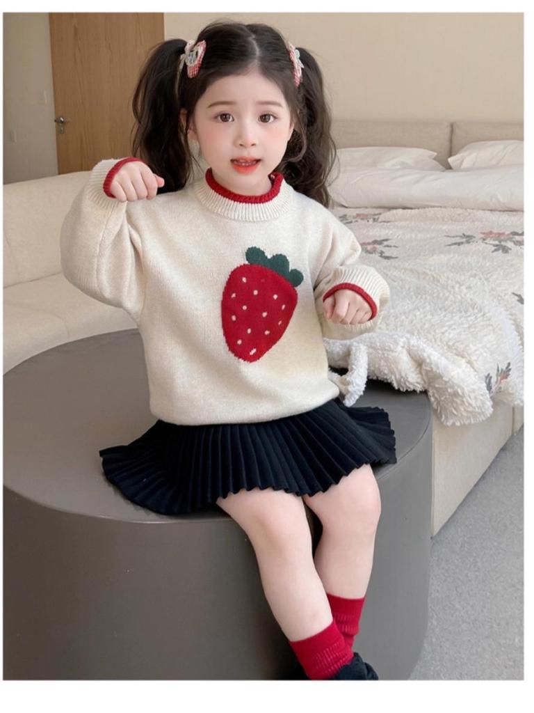 Girls' 2025 Autumn/Winter Strawberry Knit Sweater - Thick, Stylish Baby & Little Girl Top