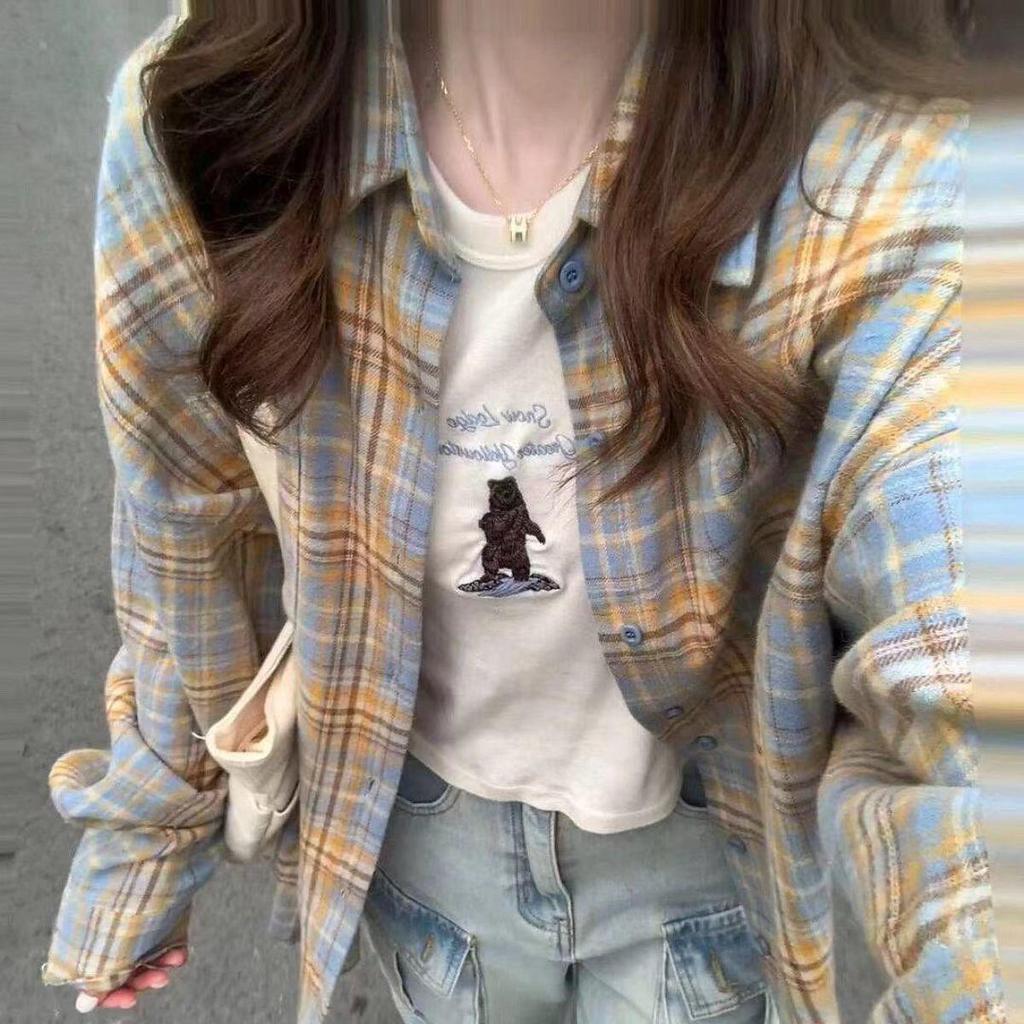 Women's Petite Yellow Plaid Long-Sleeve Shirt Jacket - American Style, Loose Fit for Spring & Autumn