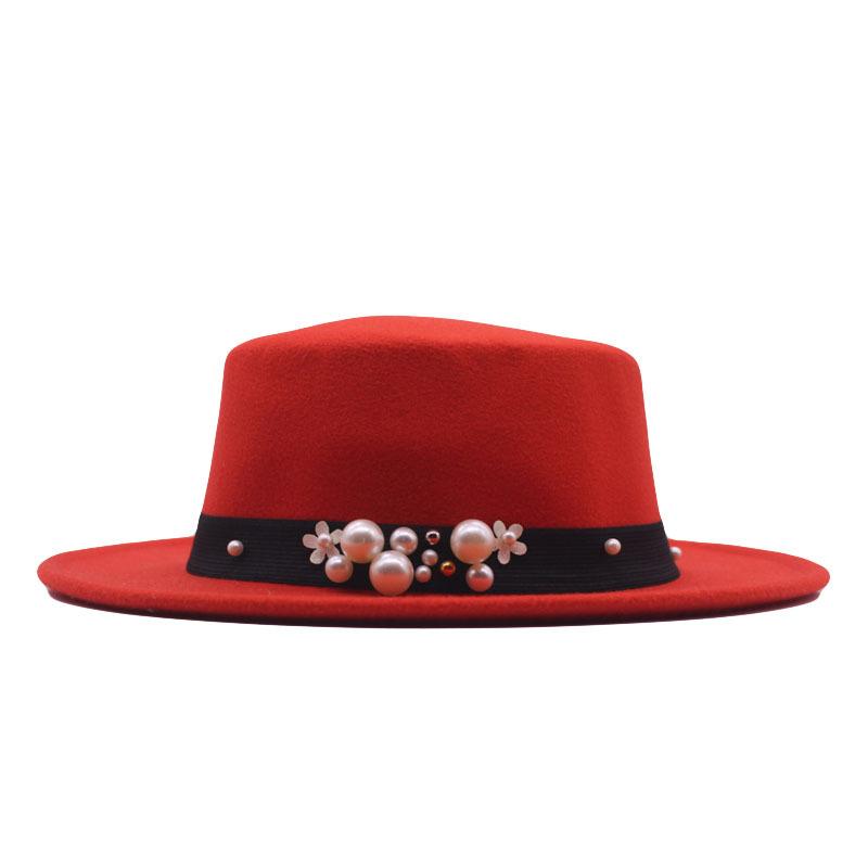 New Flat Top Flat Brim Top Hat Men's and Women's Retro Pearl Fashion British Woolen Hat