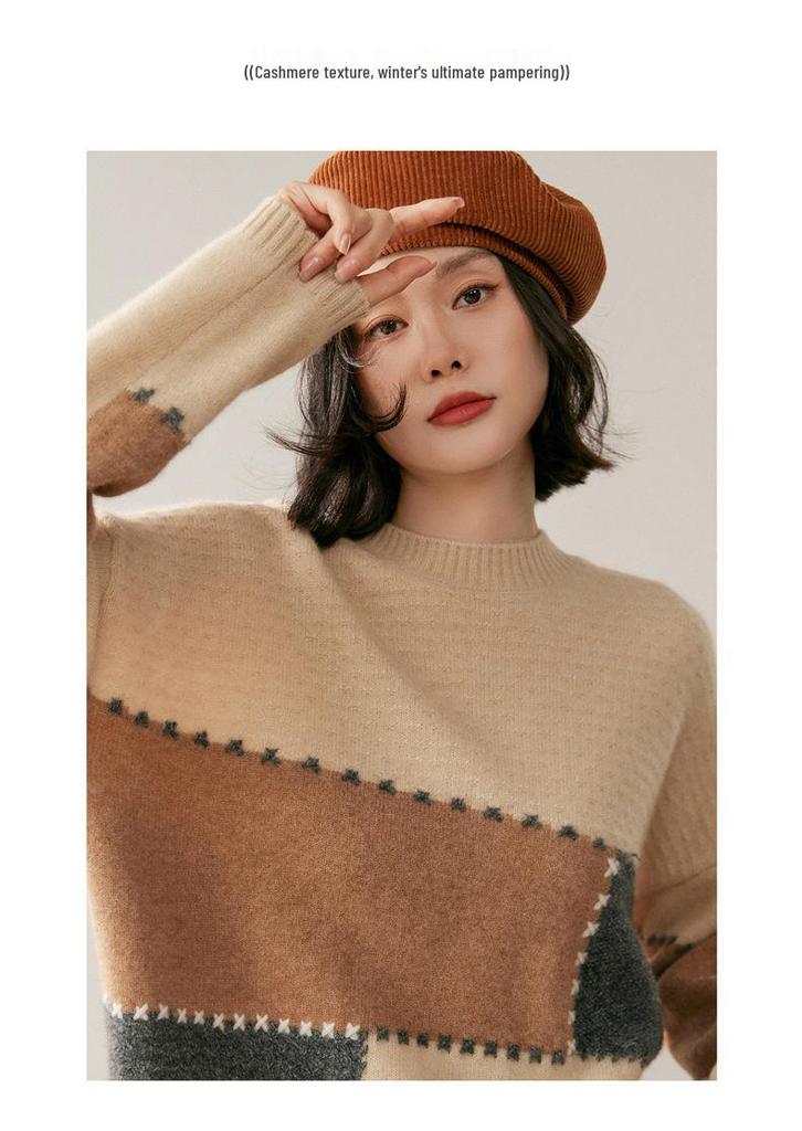 Women's Cashmere Color Block Knit Sweater, Autumn & Winter Half-High Neck, Warm & Gentle Style