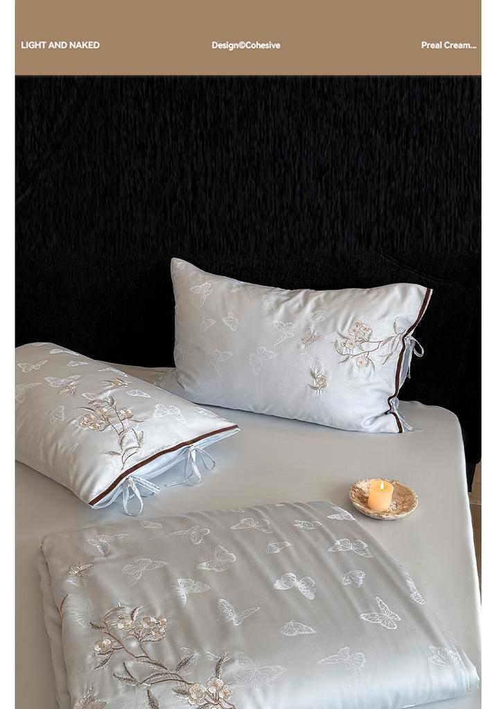 Premium 60 Thread Blue Essence Tencel Jacquard Embroidery Summer Cool Quilt Set - Blue Mist Dreams