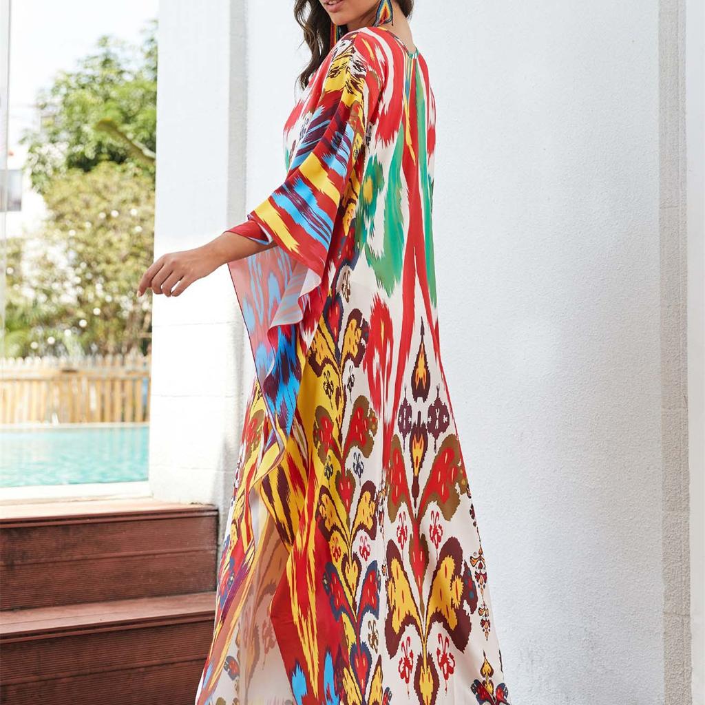 YYFS Damenmode Urlaub Sommer Frühling Blumenmuster Druck Langarm V-Ausschnitt Freizeitkleider