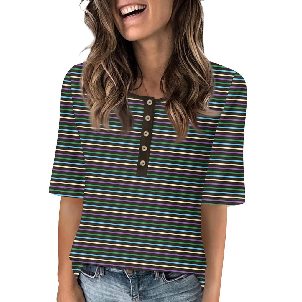Shirts For Women Trendy Round Neck Button T Shirts Printed  Blouse Half Sleeve Tops For Women