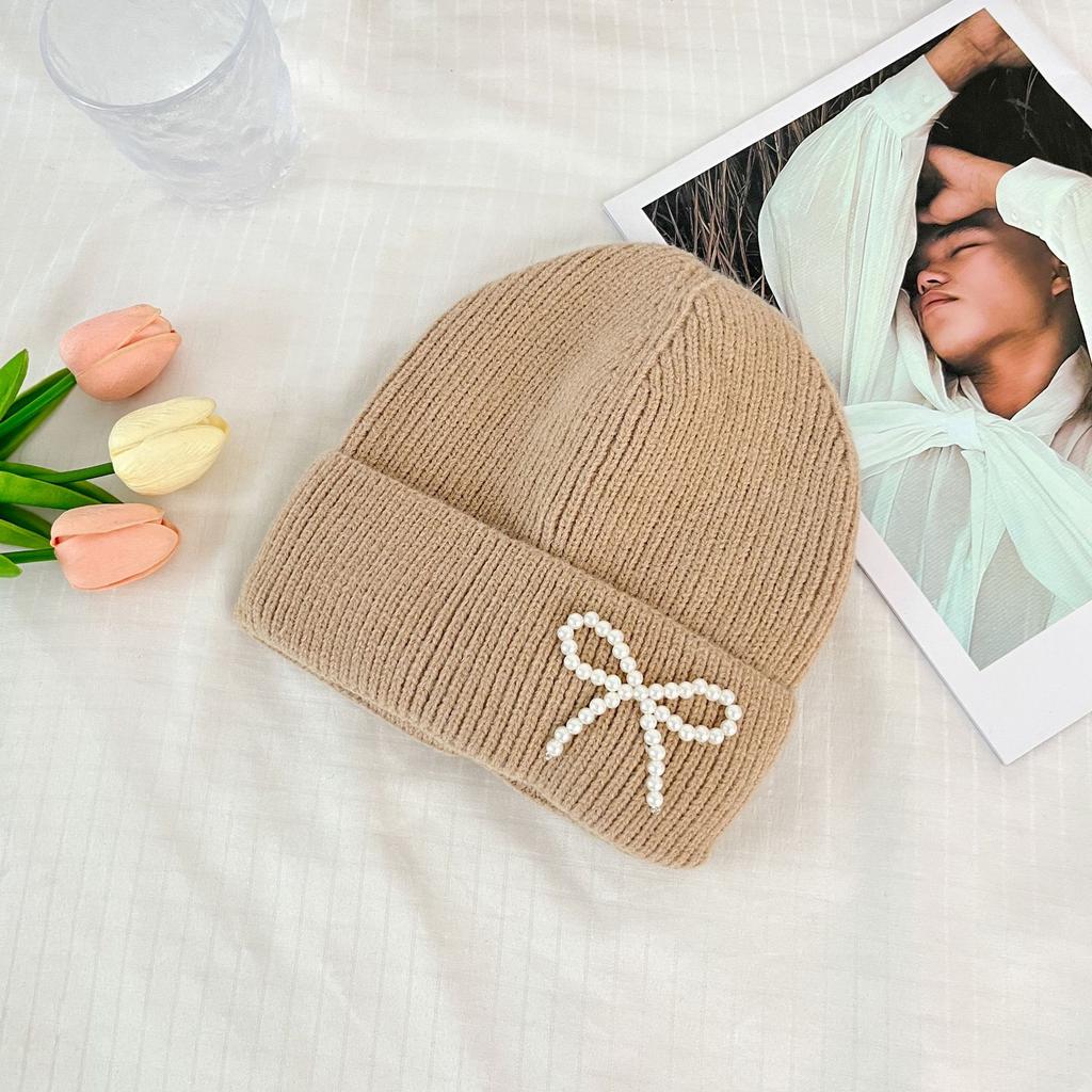 Korean Pearl Bow Wool Hat for Women Plus Velvet Thickened Warm Knitted Hat Letter Labeled Same Style for Men and Women