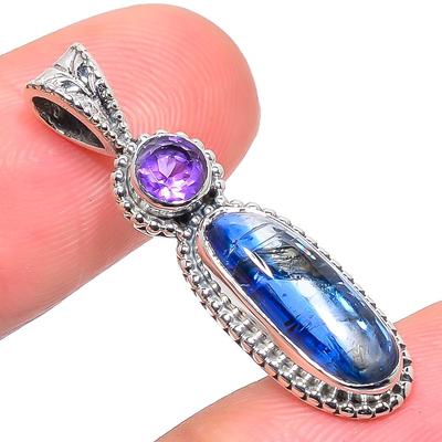 Naturlig kyanit, ametist ädelsten 925 massivt sterlingsilver hänge 1,38" g5N84