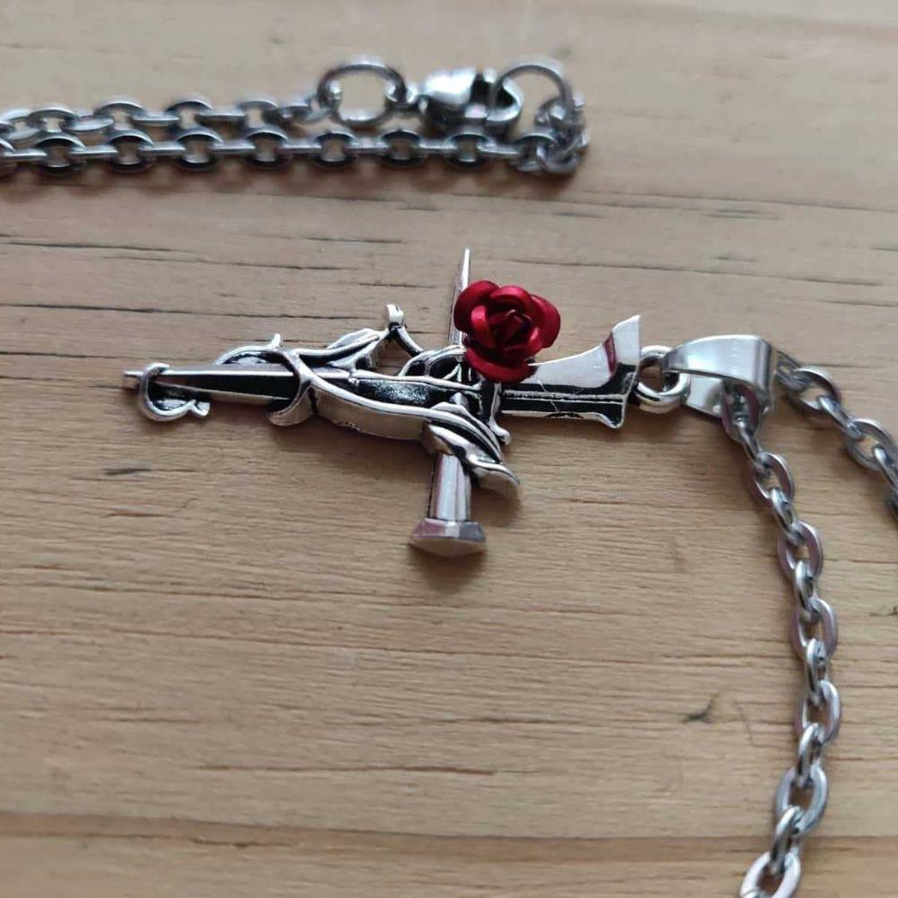 Gothic Punk Simulated Stereo Red Rose Flowers Winding Cross Pendant Stainless Steel Necklace for Women Halloween Witch Jewelry