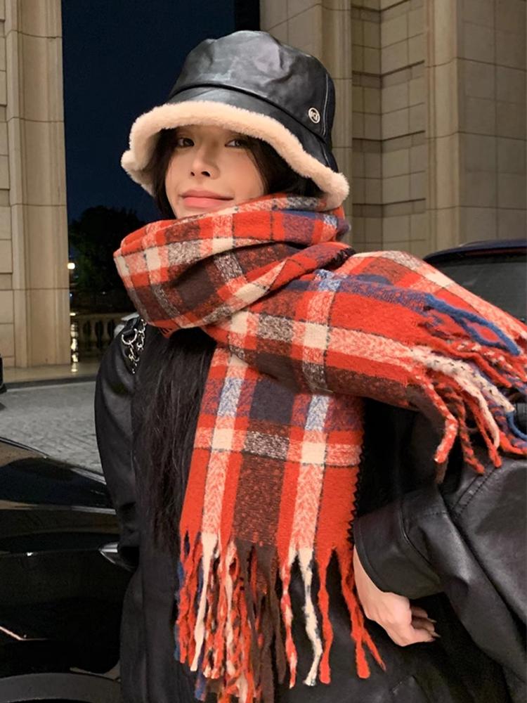 Knitted Retro Scarf Headscarf Winter Women Men Preppy Plaid Tassel Warm Scarve Pashmina Mujer Femme Male Long Wrap Shawl Unisex