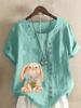 Women's Fashion Rabbit Print Casual Cotton Linen Short Sleeve Round Neck T-shirt Shirt Leisure Loose Summer Blouse Tops