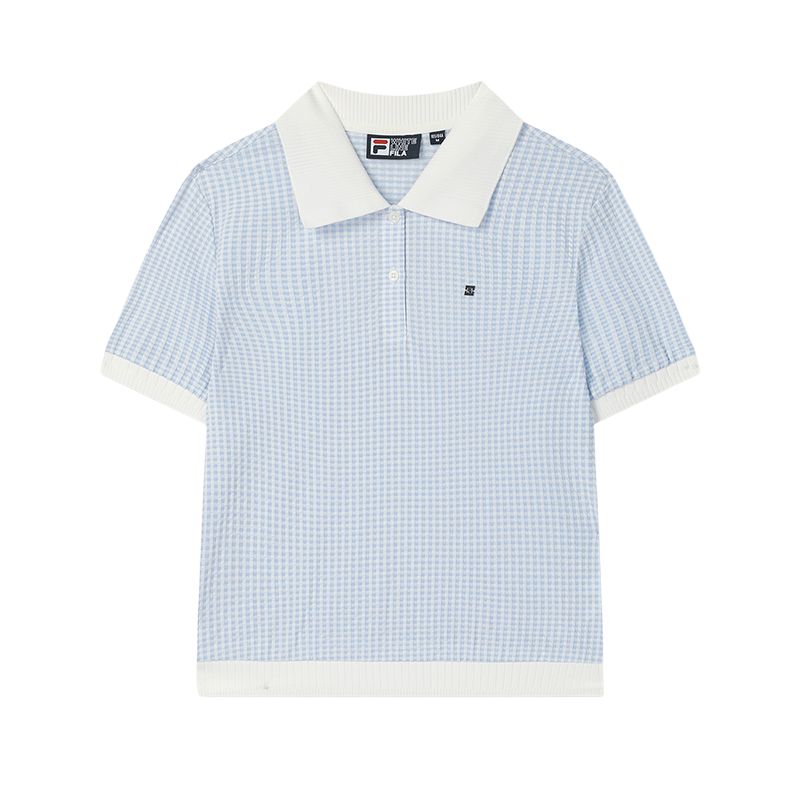Fila White Bubble Check Simple Plaid Casual Commuter Versatile Short Sleeve Polo Shirt Women Polo Shirts Ice-Blue F11W523111F-LB