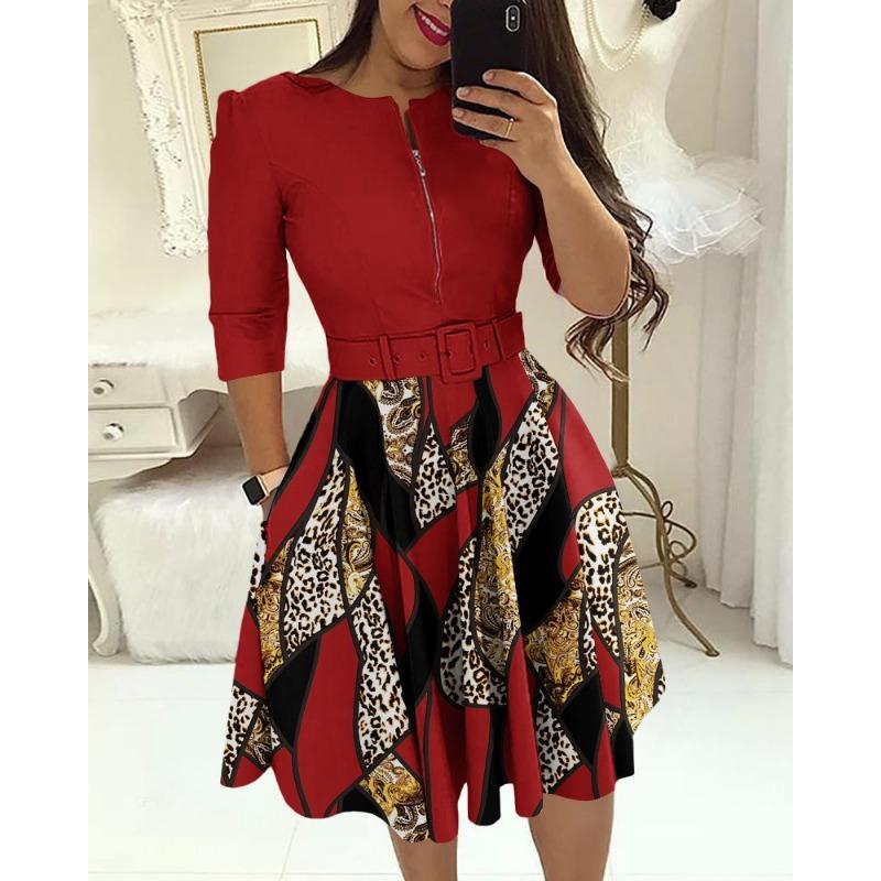 

YYFS Женская мода лето весна леопардовый принт рукава 1/2 круглый вырез высокая талия повседневные платья XXXL