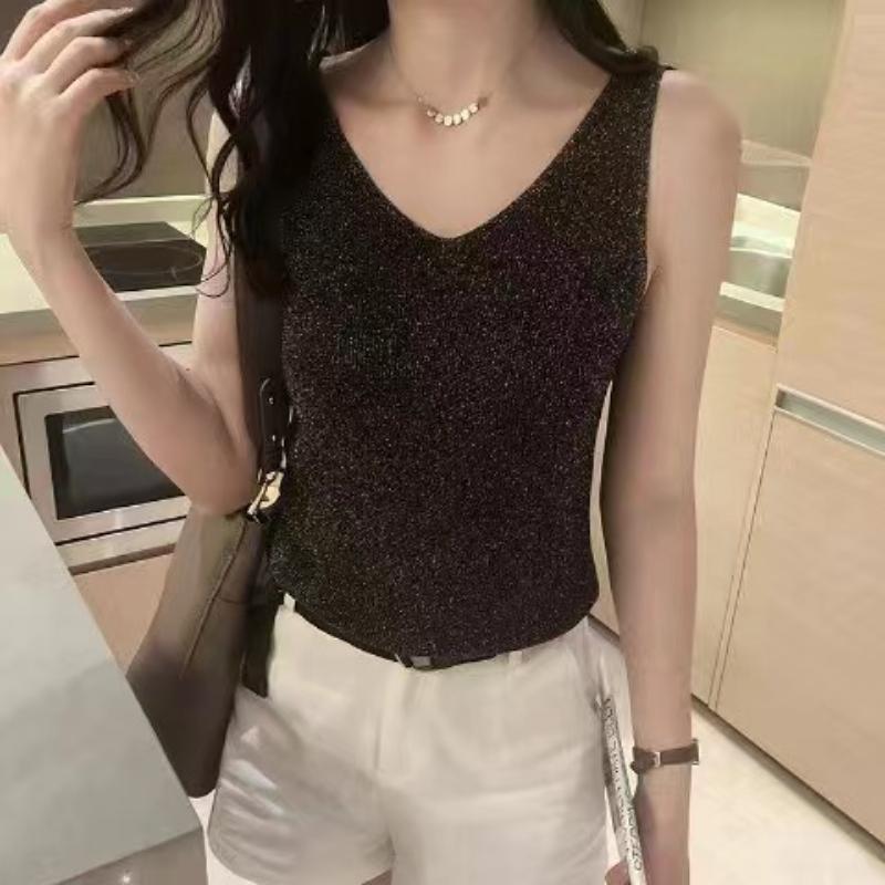 Módní sexy nové dámské volné krátké léto bez rukávů dámské ledové hedvábné košile s výstřihem do V