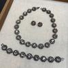 French Light Luxury Diamond-Set Grab Gray Flower Necklace Bracelet Stud Earrings Jewelry Retro Fashion Gray Gemstone Collarbone Chain Ears