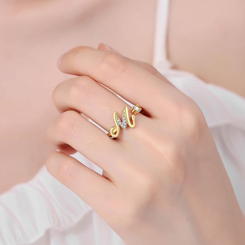 26-Letter Rhinestone Adjustable Open Ring - Women's Fashion and Luxury Accessory