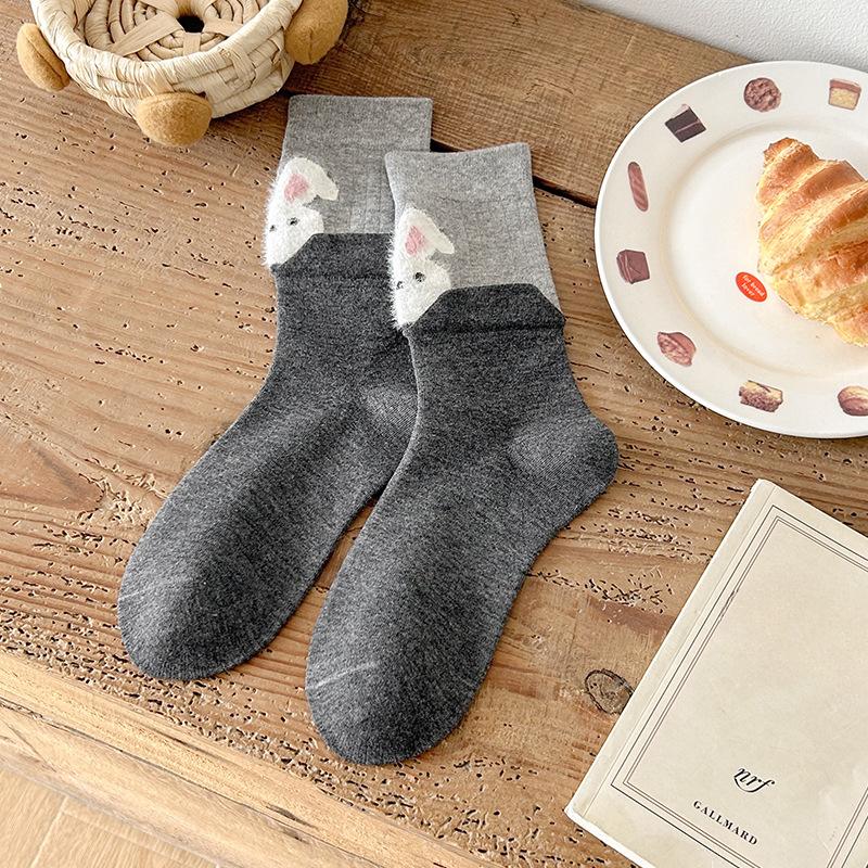 Female Spring and Autumn Lovely Animal Creative Double Color Matching Double Muzzle Design Tube Cotton Socks