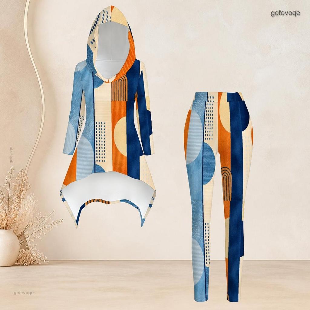Women Plus Size Hooded Long Sleeve Abstract Print High Low Top Fitted Pants Two Piece Set