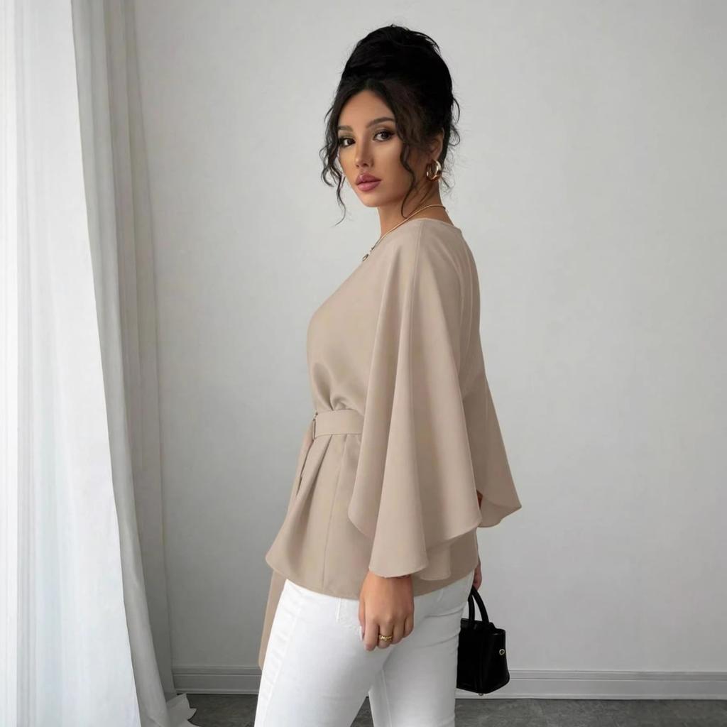 Solid Color Belted Batwing Sleeve Top, Fashion Casual Elegant Spring Summer Daily Wear
