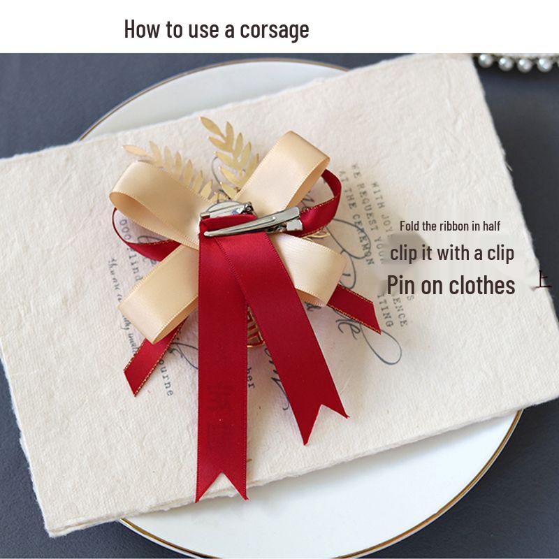 Forest Style Chinese Wedding Corsage Set: Bowknot Brooches for Groom, Bride, and Parents